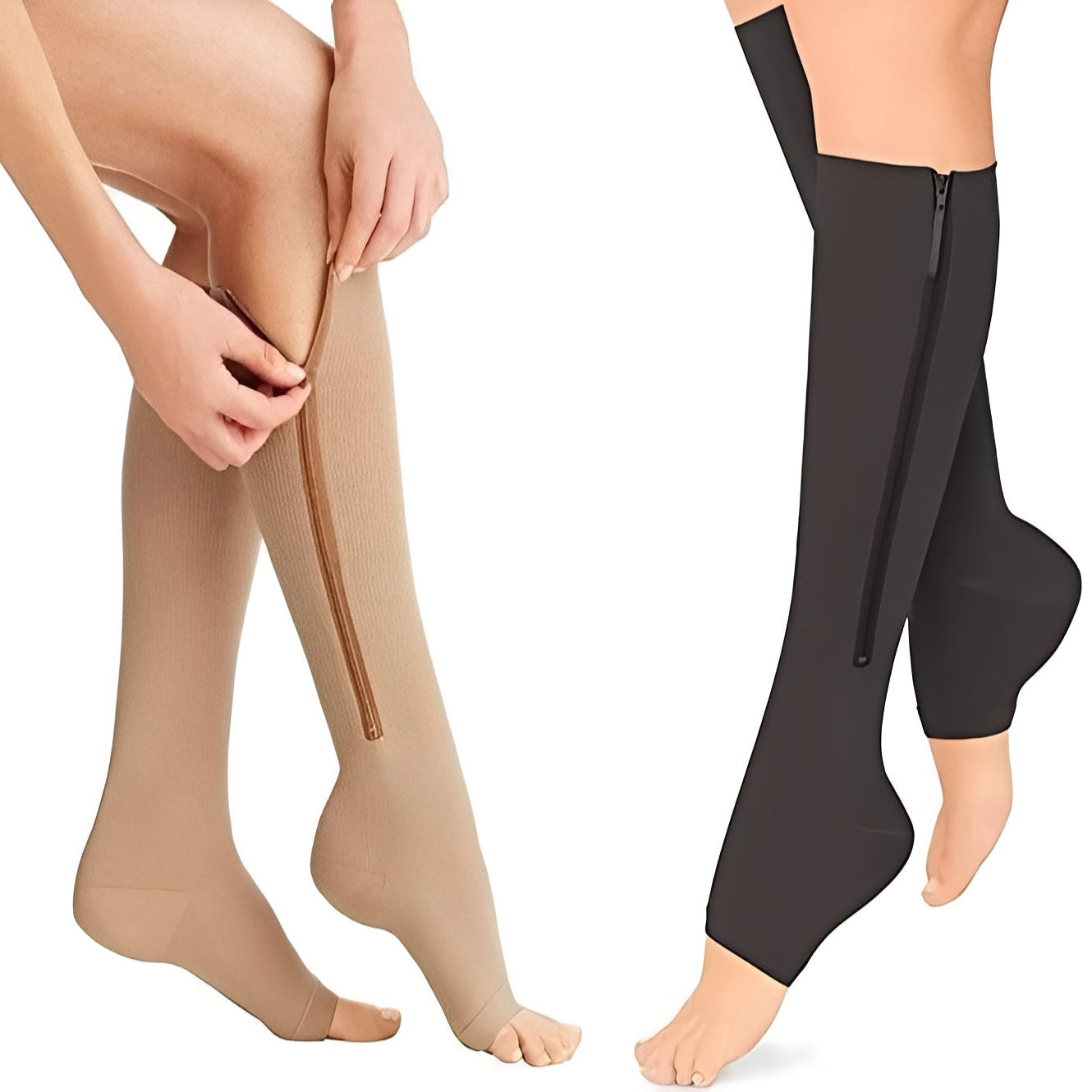 Open Toe Zip Stockings with Fabric Guard and Reinforced Seams