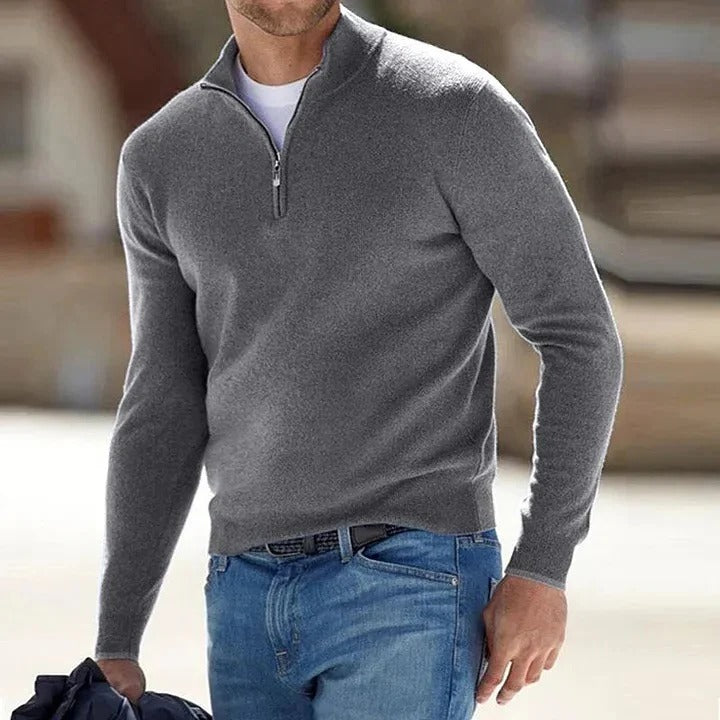 Cashmere Sweater for Men with Full Zip Closure and Long Sleeves