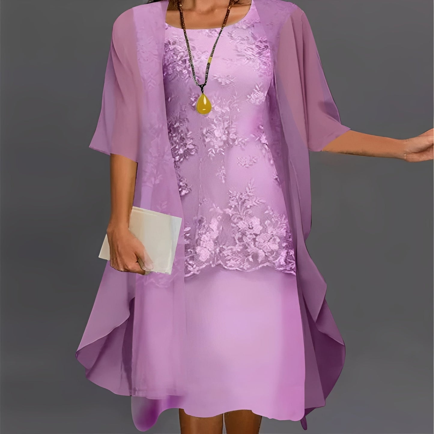 2-Piece Chiffon Dress for Women with Lace Detail Top