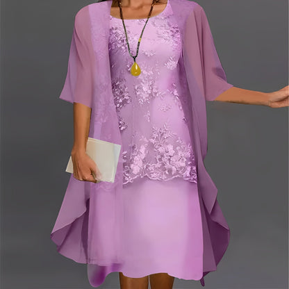 2-Piece Chiffon Dress for Women with Lace Detail Top