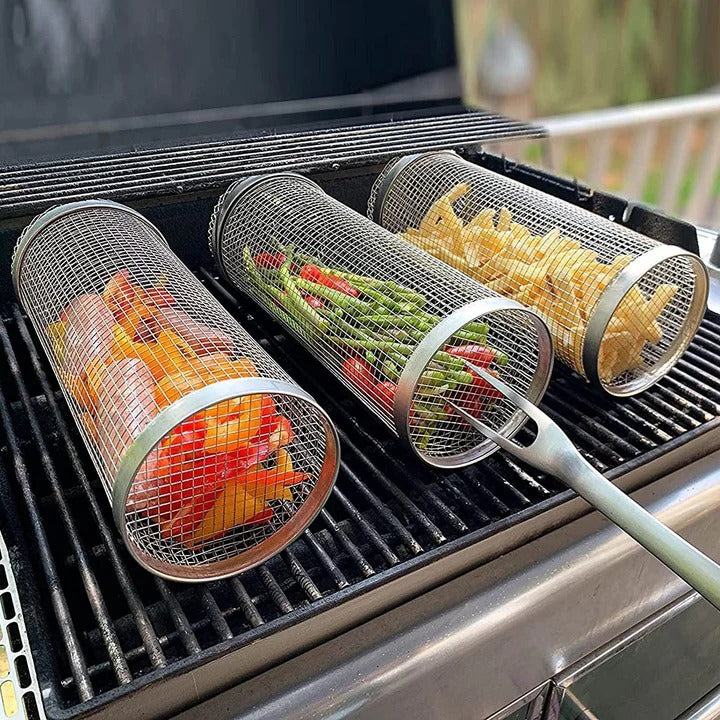 Stainless Steel Rolling Grill Basket with 360 Degree Rotation