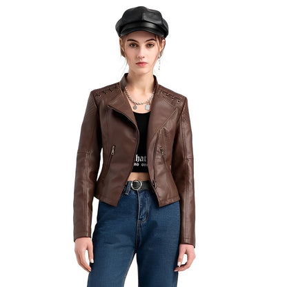 Women's Leather Jacket with Front Zipper