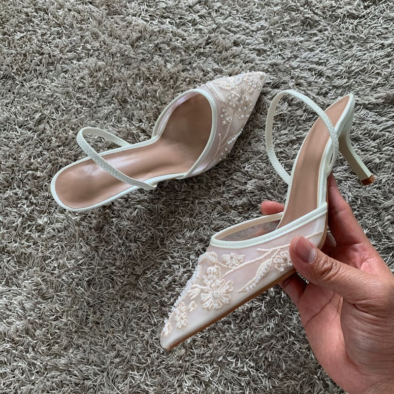Women Sandals with Embroidered Mesh Upper and Slingback Closure for Formal Events
