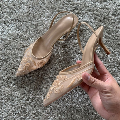 Women Sandals with Embroidered Mesh Upper and Slingback Closure for Formal Events