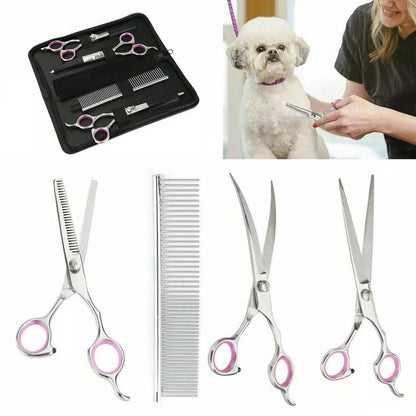 Dog Grooming Scissors Kit with 7 Inch Steel Blades and Rounded Safety Tips and Ergonomic Handles