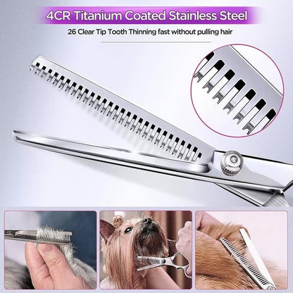 Dog Grooming Scissors Kit with 7 Inch Steel Blades and Rounded Safety Tips and Ergonomic Handles