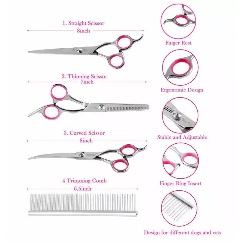 Dog Grooming Scissors Kit with 7 Inch Steel Blades and Rounded Safety Tips and Ergonomic Handles