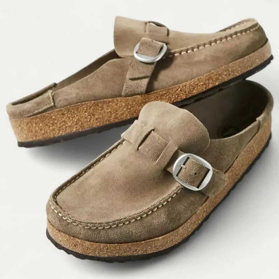 Women's Suede Slip-On Mules with Adjustable Buckle Strap Detail