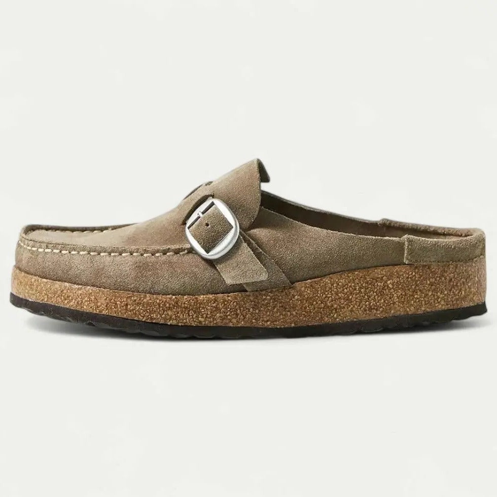 Women's Suede Slip-On Mules with Adjustable Buckle Strap Detail