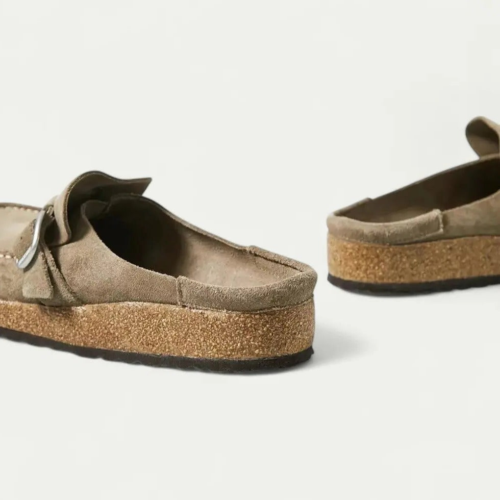Women's Suede Slip-On Mules with Adjustable Buckle Strap Detail
