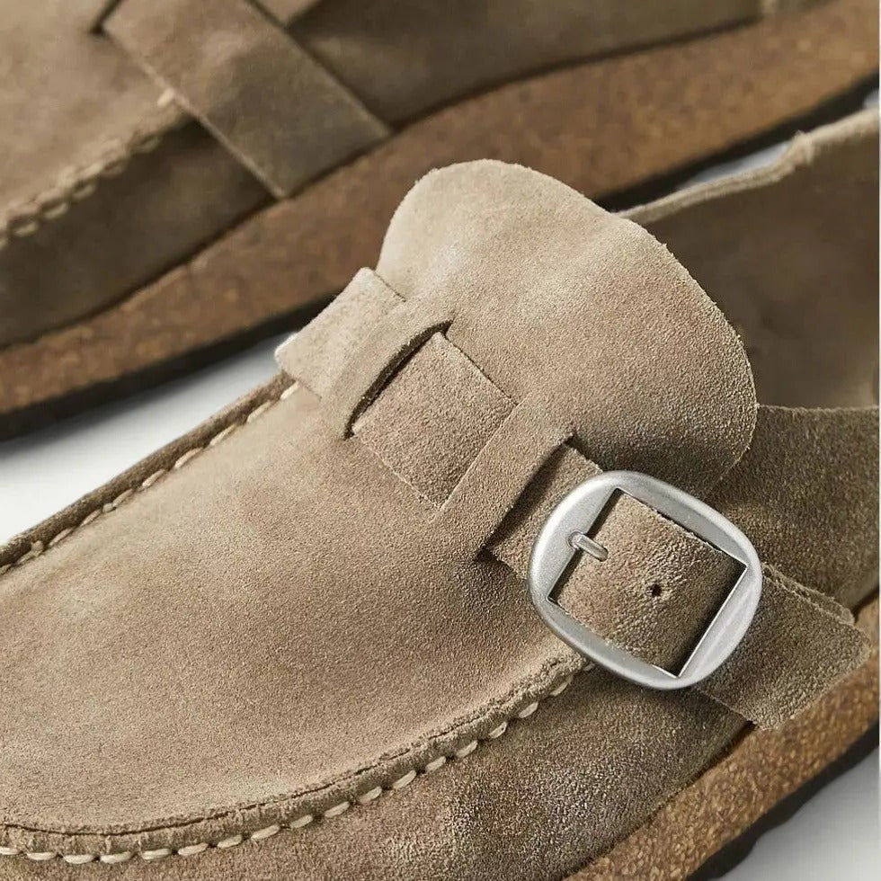 Women's Suede Slip-On Mules with Adjustable Buckle Strap Detail