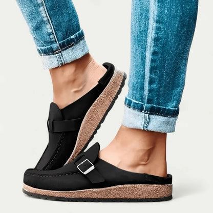 Women's Suede Slip-On Mules with Adjustable Buckle Strap Detail