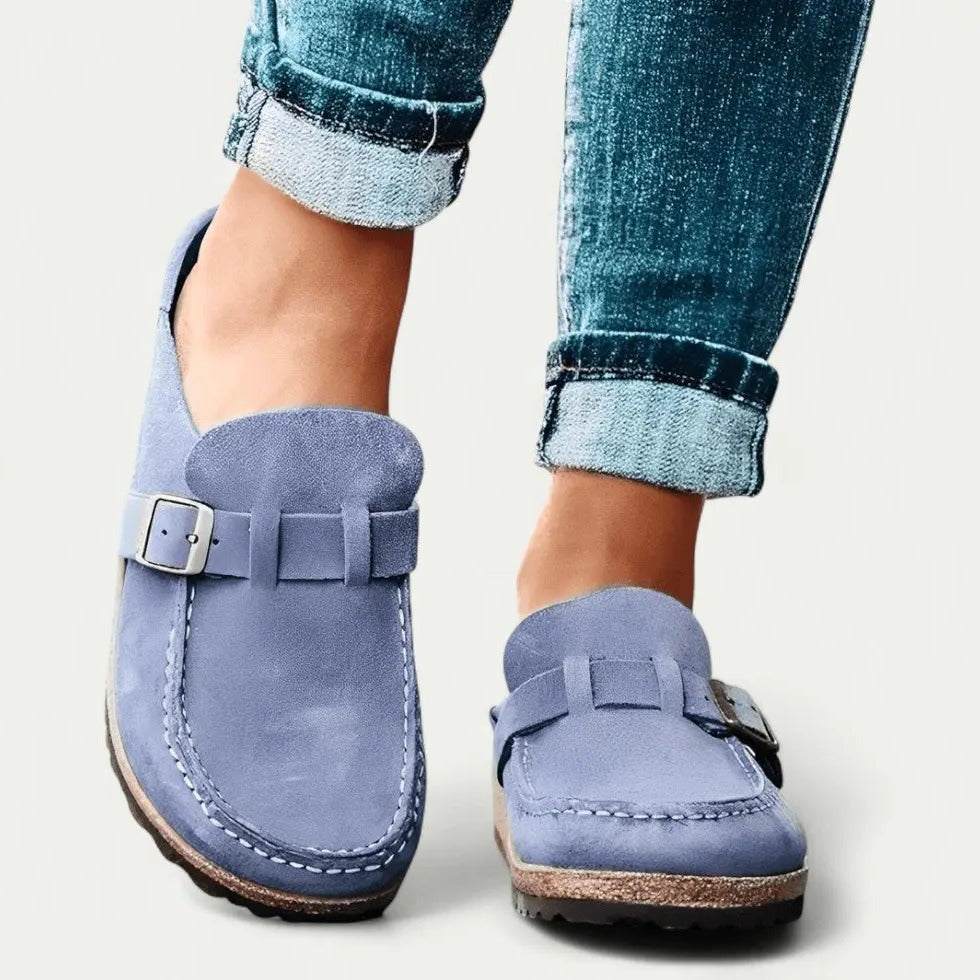Women's Suede Slip-On Mules with Adjustable Buckle Strap Detail