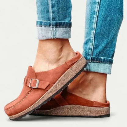 Women's Suede Slip-On Mules with Adjustable Buckle Strap Detail