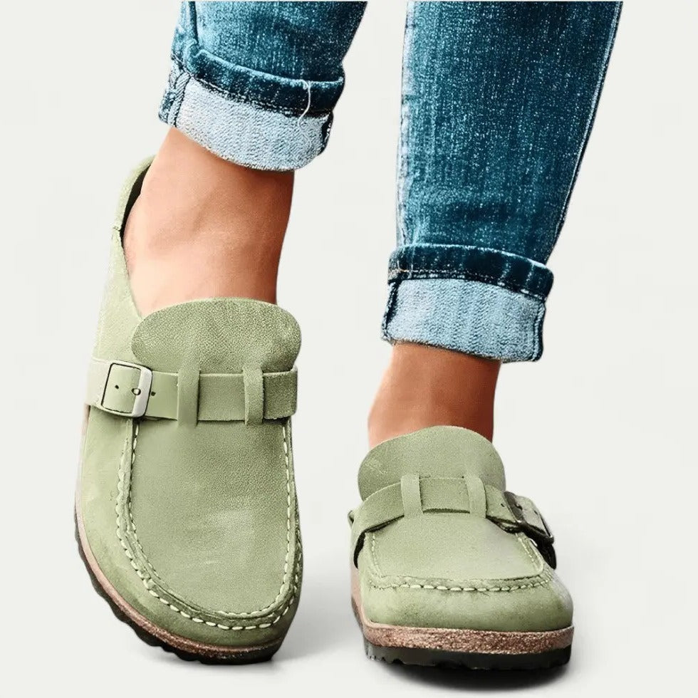 Women's Suede Slip-On Mules with Adjustable Buckle Strap Detail