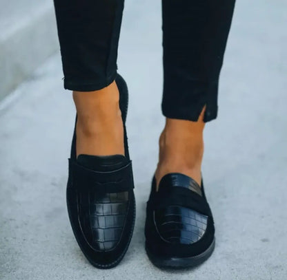 Women's Black Faux Leather Penny Loafers, Slip-On