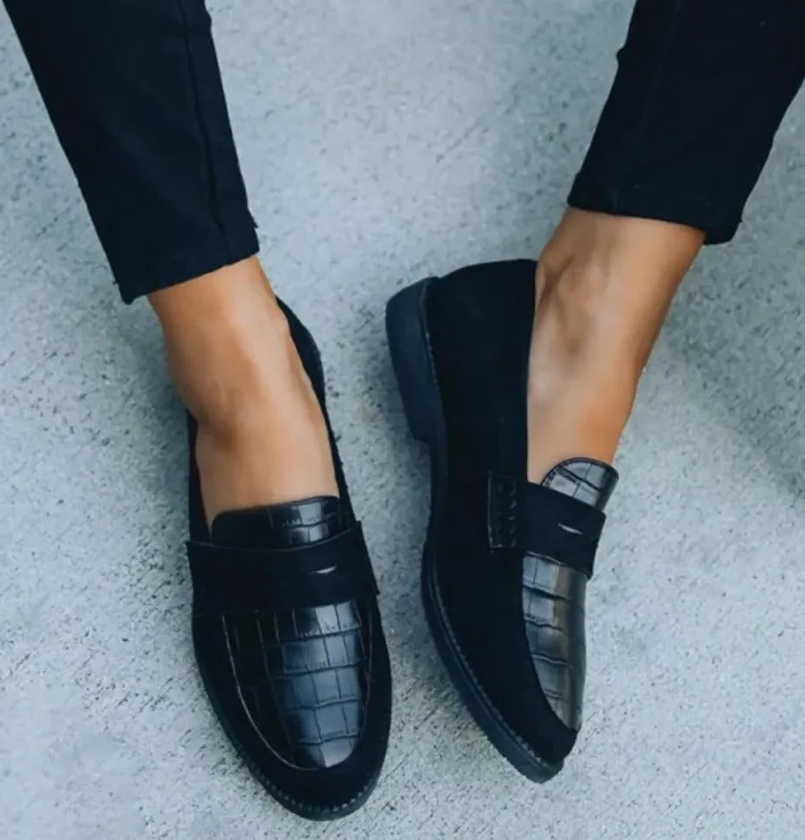 Women's Black Faux Leather Penny Loafers, Slip-On