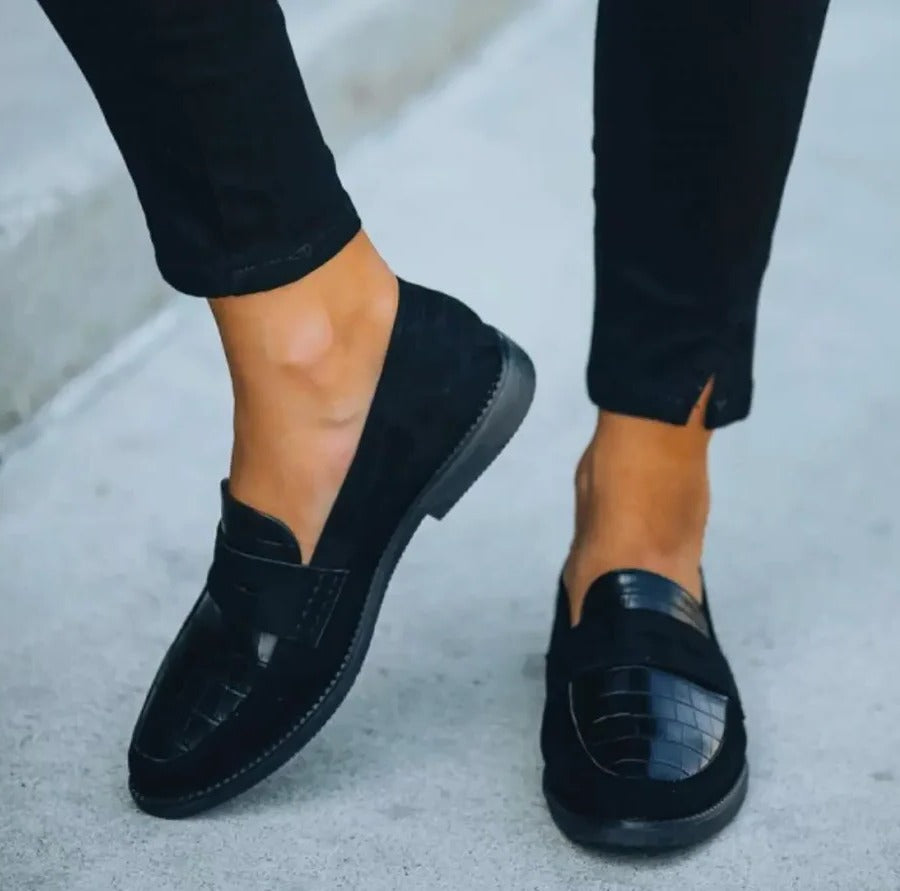 Women's Black Faux Leather Penny Loafers, Slip-On