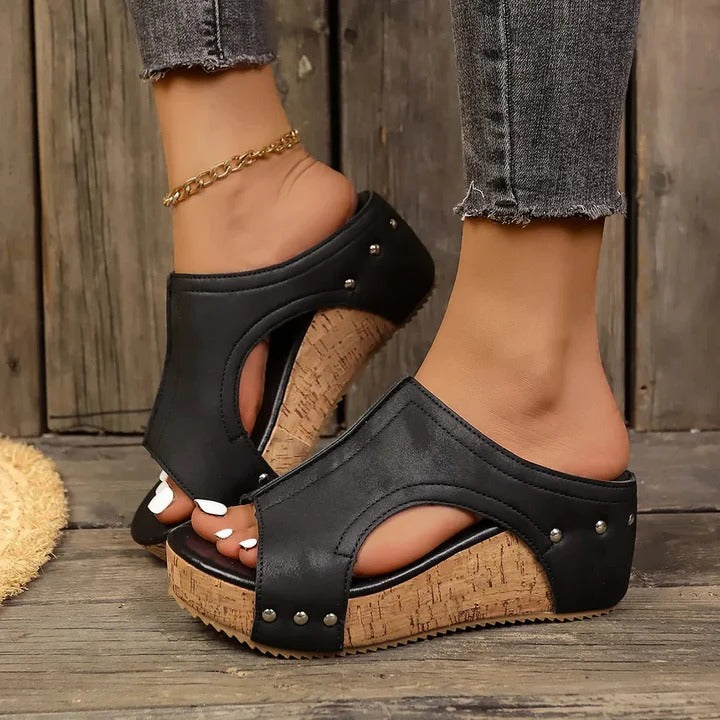 Women's Platform Wedge Sandals with Studded Strap Detail