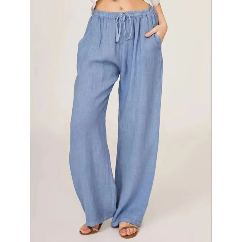 Women's Cotton Linen Wide Leg Trousers with Elastic Waist and Pockets