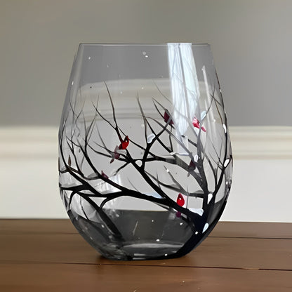 Painted Wine Glass with Four Seasons Tree Design, 12 oz