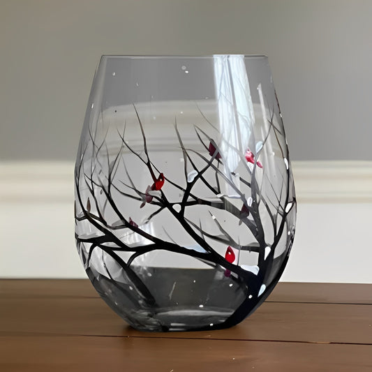 Painted Wine Glass with Four Seasons Tree Design, 12 oz