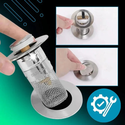 Pop Up Sink Stopper with Silicone Seal and Built In Strainer