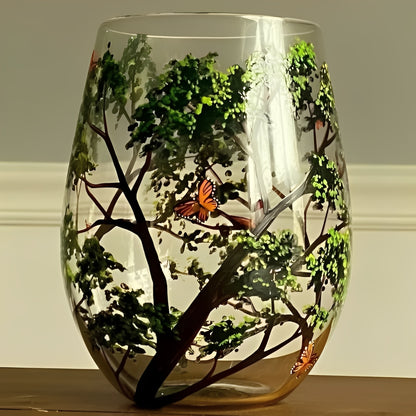 Painted Wine Glass with Four Seasons Tree Design, 12 oz
