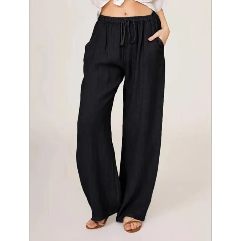 Women's Cotton Linen Wide Leg Trousers with Elastic Waist and Pockets