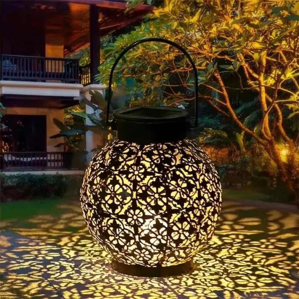 Solar LED Lantern – Wrought Iron Hollow Design for Outdoor Decor
