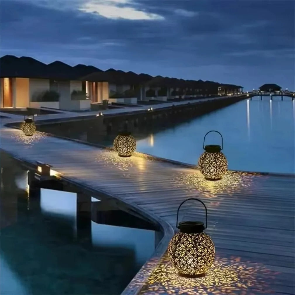 Solar LED Lantern – Wrought Iron Hollow Design for Outdoor Decor