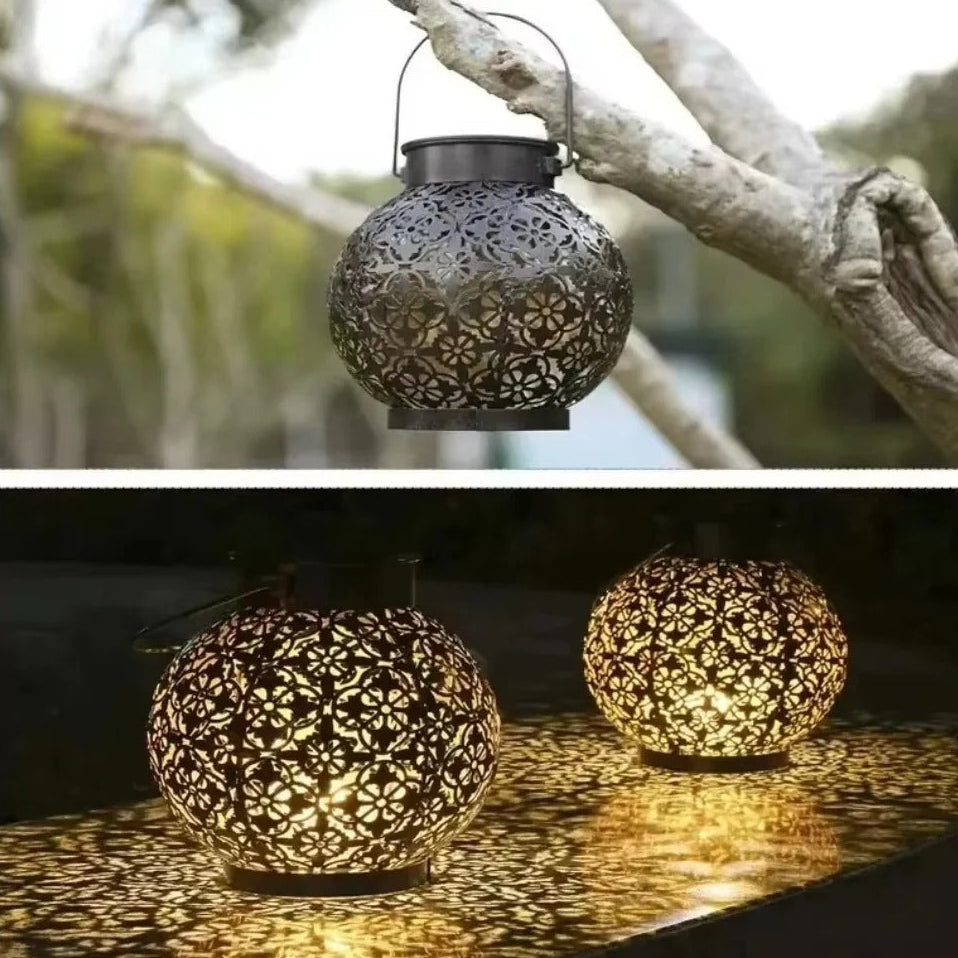 Solar LED Lantern – Wrought Iron Hollow Design for Outdoor Decor