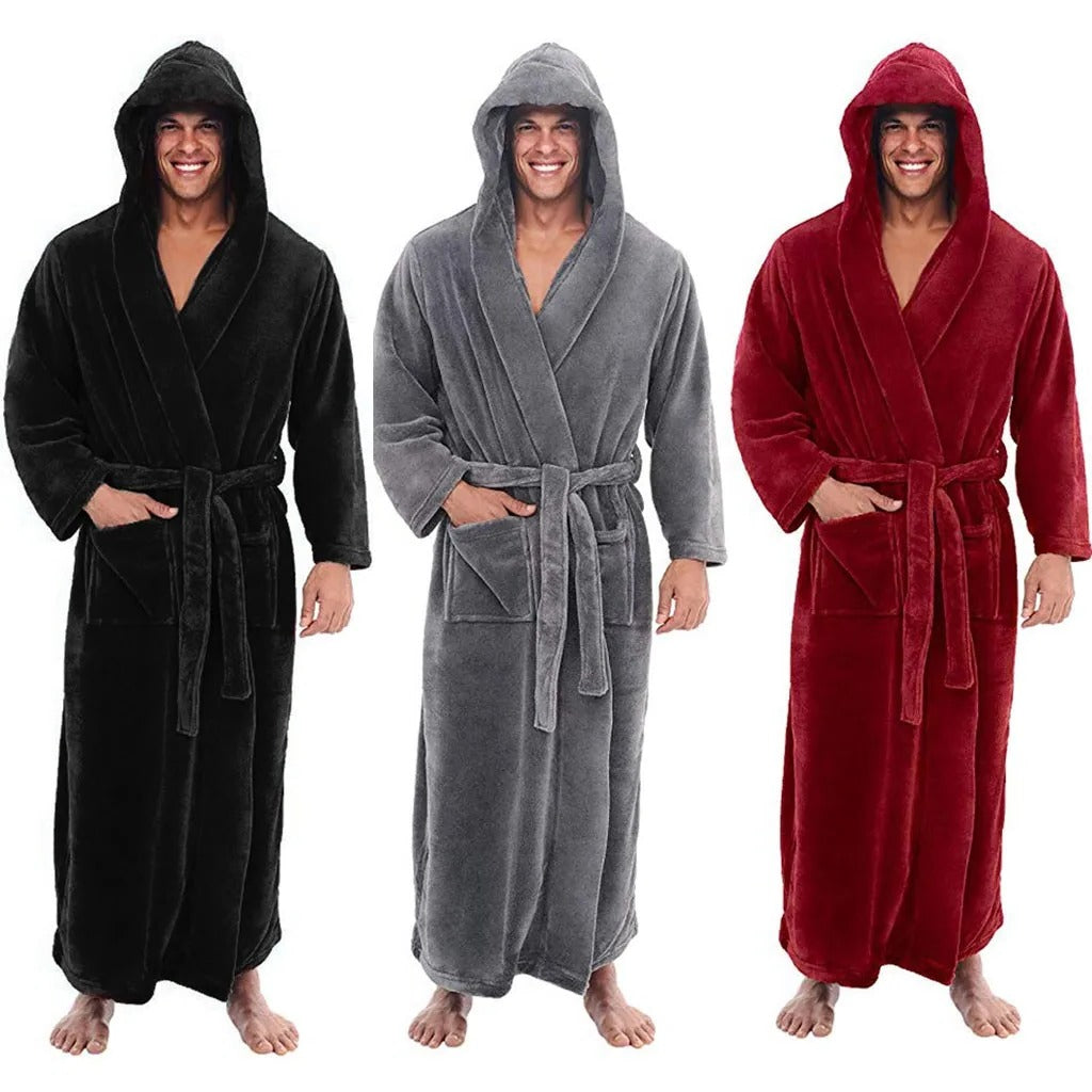 Men's Hooded Bathrobe with Pockets, Plush Fleece Material