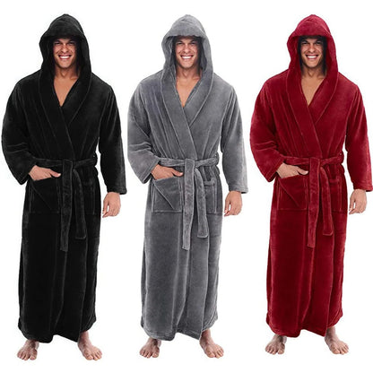 Men's Hooded Bathrobe with Pockets, Plush Fleece Material