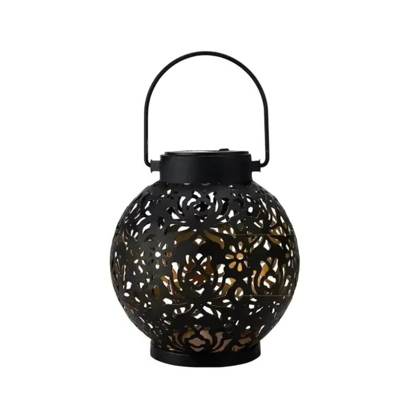 Solar LED Lantern – Wrought Iron Hollow Design for Outdoor Decor
