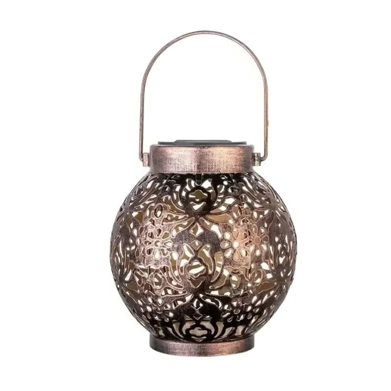 Solar LED Lantern – Wrought Iron Hollow Design for Outdoor Decor