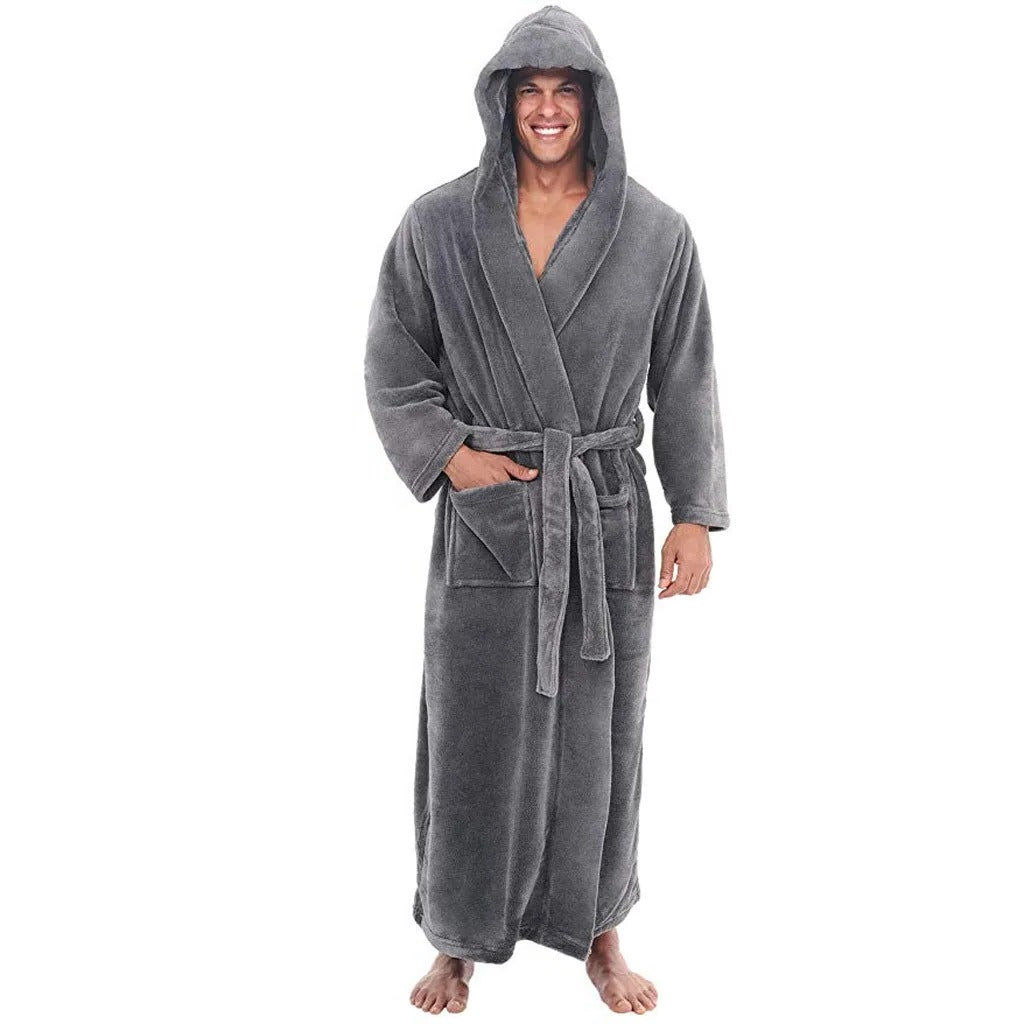 Men's Hooded Bathrobe with Pockets, Plush Fleece Material