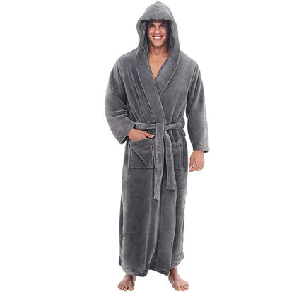 Men's Hooded Bathrobe with Pockets, Plush Fleece Material