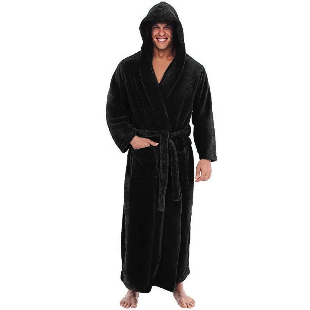 Men's Hooded Bathrobe with Pockets, Plush Fleece Material