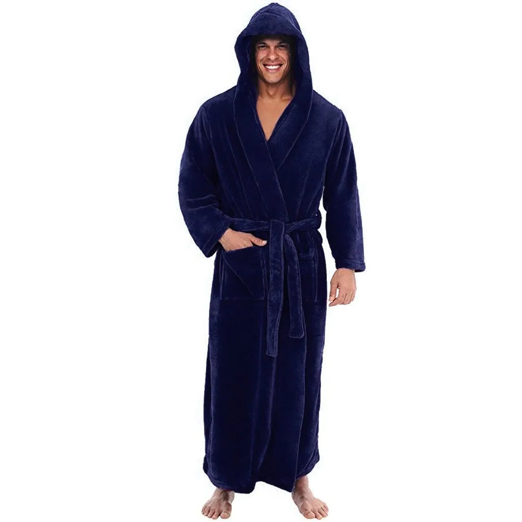 Men's Hooded Bathrobe with Pockets, Plush Fleece Material