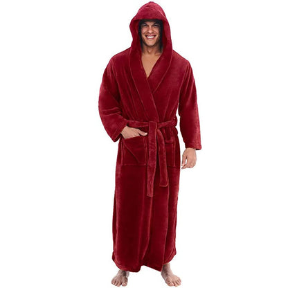 Men's Hooded Bathrobe with Pockets, Plush Fleece Material