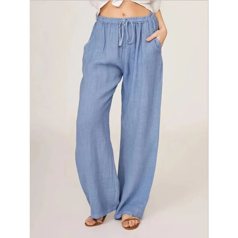 Women's Cotton Linen Wide Leg Trousers with Elastic Waist and Pockets