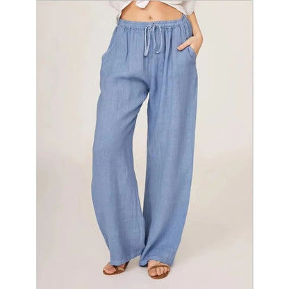 Women's Cotton Linen Wide Leg Trousers with Elastic Waist and Pockets