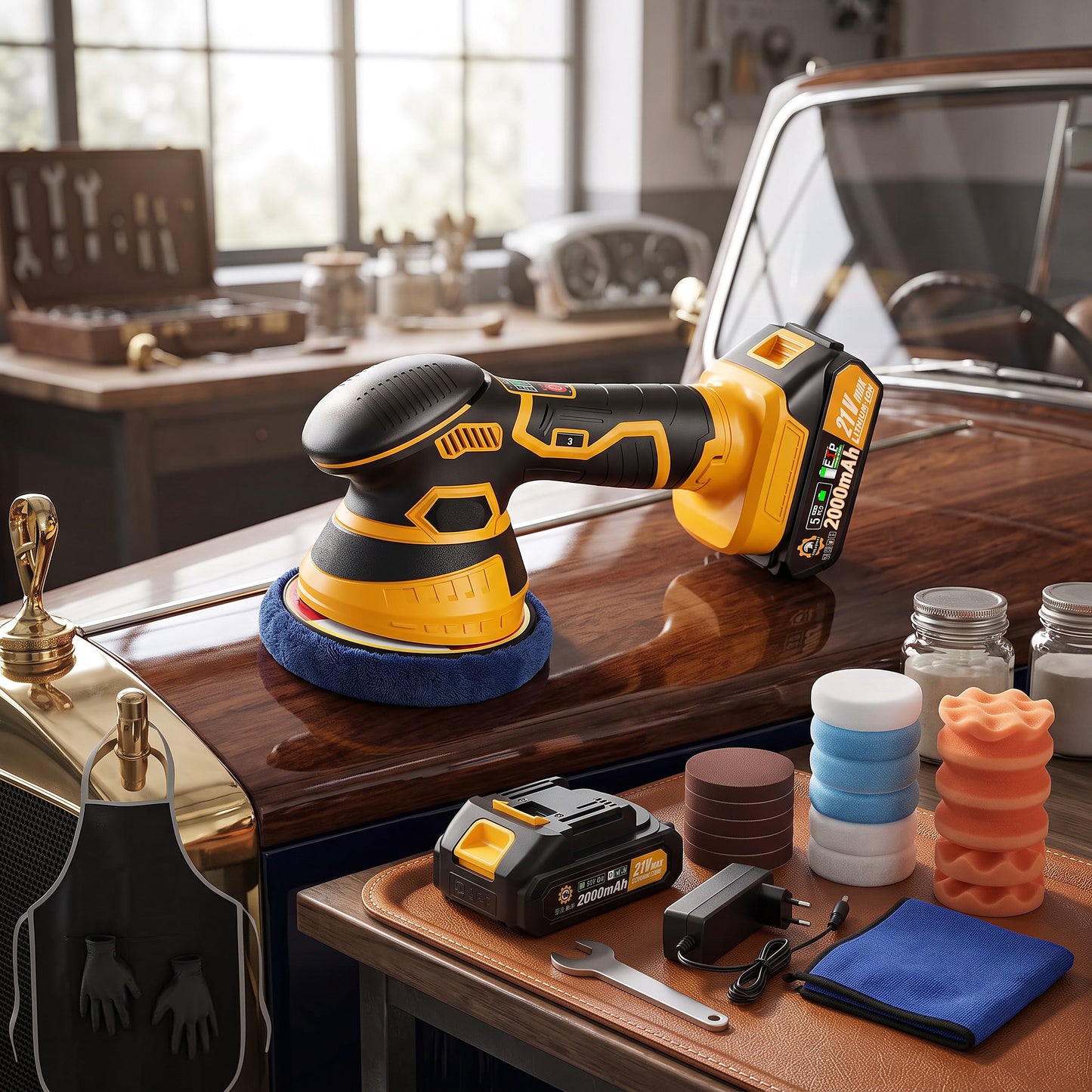 Orbital Car Paint Polisher with Rechargeable Battery and Variable Speed Control, Multiple Foam Pads