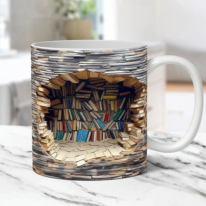 Ceramic Coffee Mug with 3D Bookshelf Design
