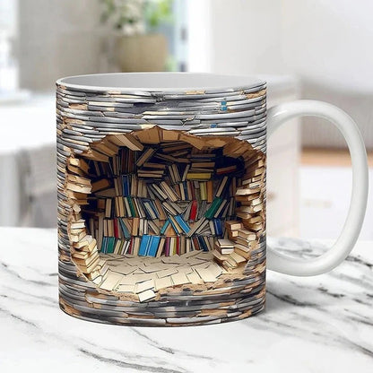 Ceramic Coffee Mug with 3D Bookshelf Design