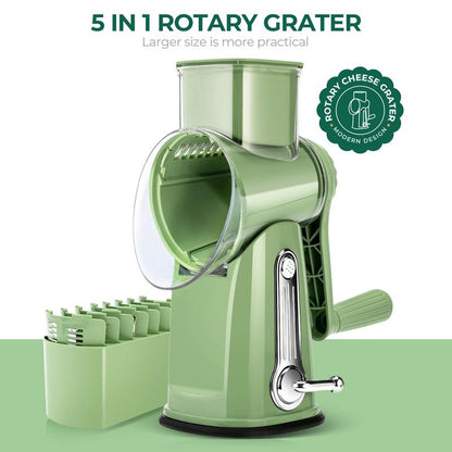 Rotary Grater with Five Interchangeable Blades and Suction Cup Base
