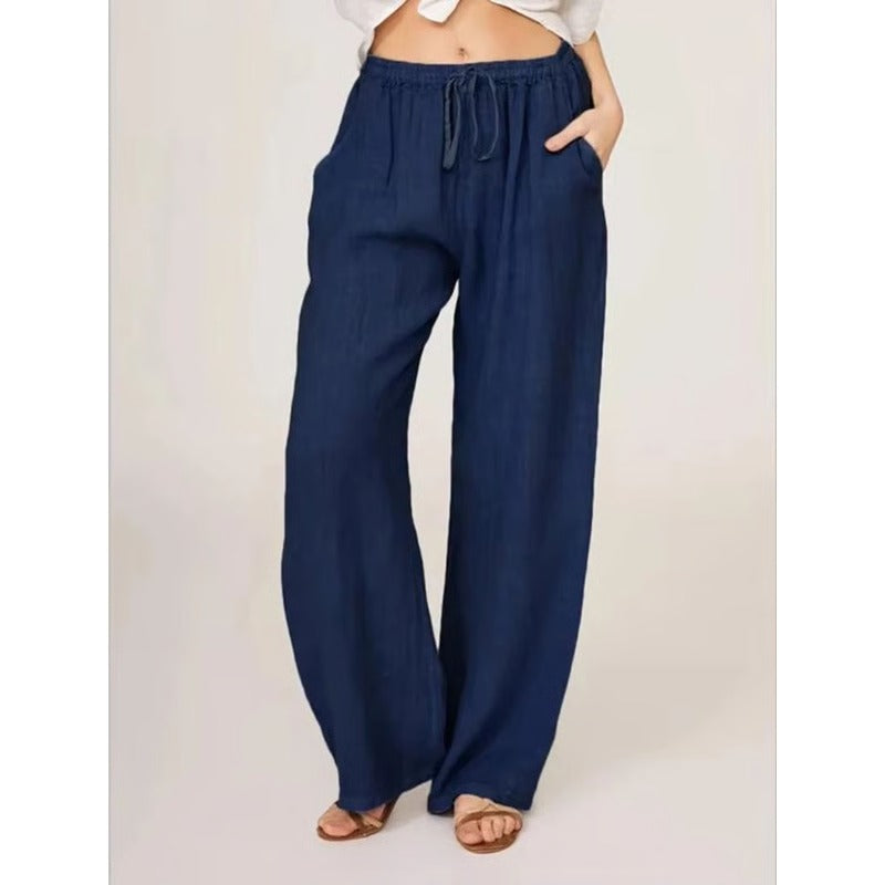 Women's Cotton Linen Wide Leg Trousers with Elastic Waist and Pockets