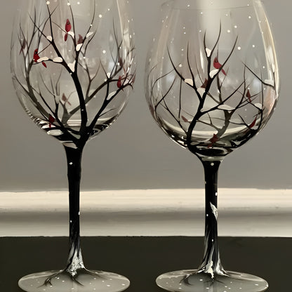 Painted Wine Glass with Four Seasons Tree Design, 12 oz