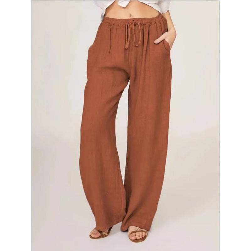 Women's Cotton Linen Wide Leg Trousers with Elastic Waist and Pockets